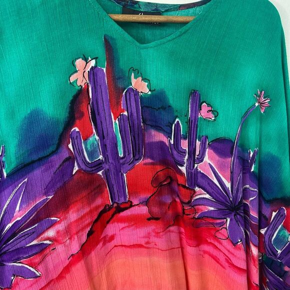 Carole Little Boho Southwestern Cactus Print Top Size L V-Neck‎ Oversized Artsy - Picture 6 of 12